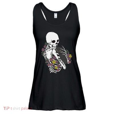 Skeleton Hugging Cat Flowers Skeleton Black Cat Ladies Essential Flowy Tank