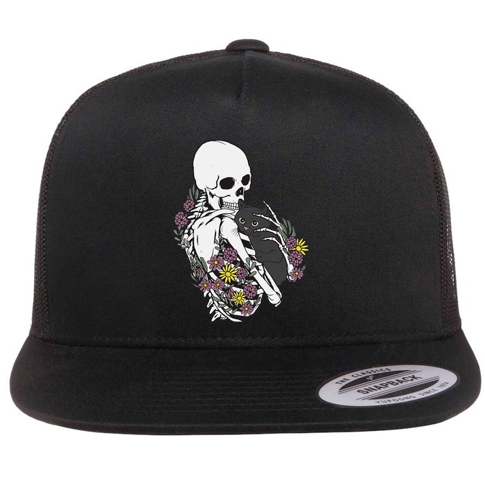 Skeleton Hugging Cat Flowers Skeleton Black Cat Flatbill Hat