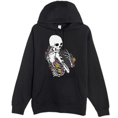 Skeleton Hugging Cat Flowers Skeleton Black Cat Premium Pullover Hoodie