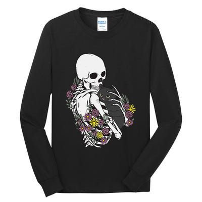 Skeleton Hugging Cat Flowers Skeleton Black Cat Tall Long Sleeve T-Shirt