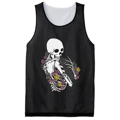 Skeleton Hugging Cat Flowers Skeleton Black Cat Mesh Reversible Basketball Jersey Tank