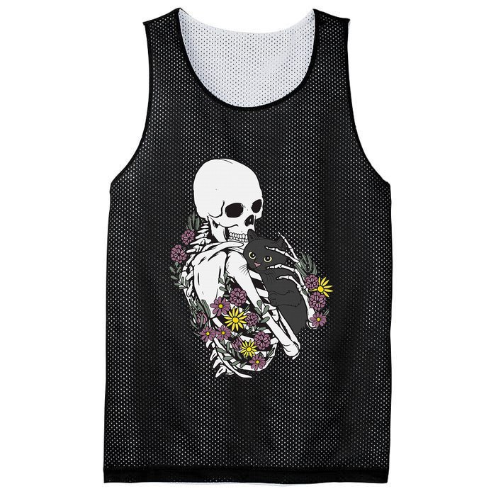 Skeleton Hugging Cat Flowers Skeleton Black Cat Mesh Reversible Basketball Jersey Tank