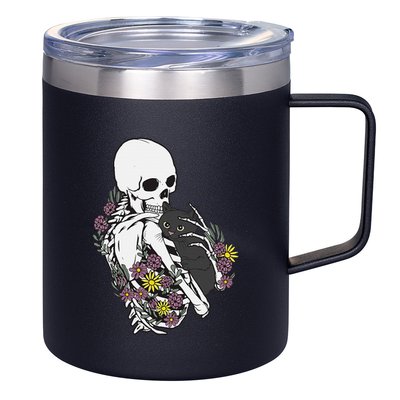 Skeleton Hugging Cat Flowers Skeleton Black Cat 12oz Stainless Steel Coffee Mug
