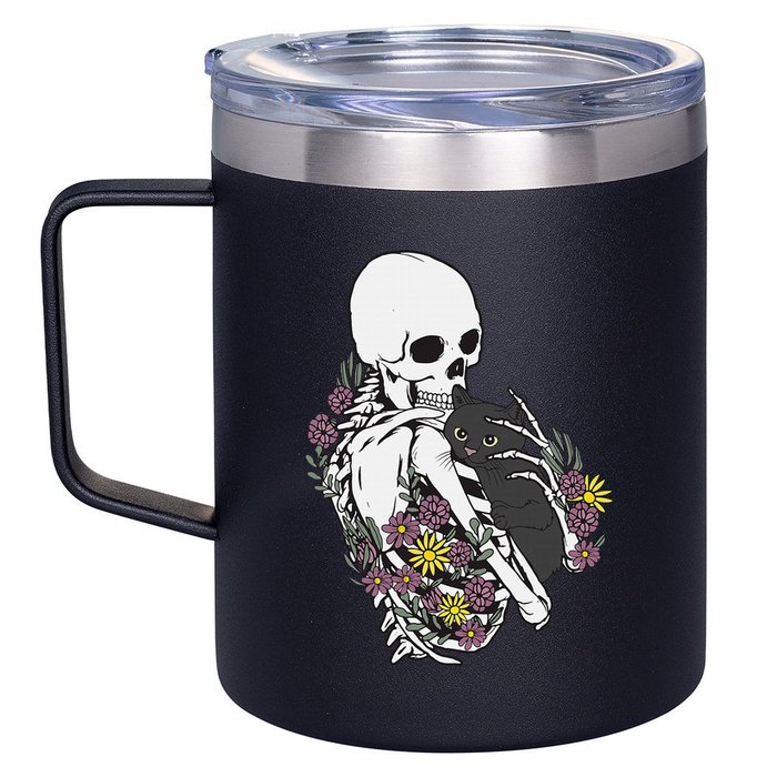 Skeleton Hugging Cat Flowers Skeleton Black Cat 12oz Stainless Steel Coffee Mug