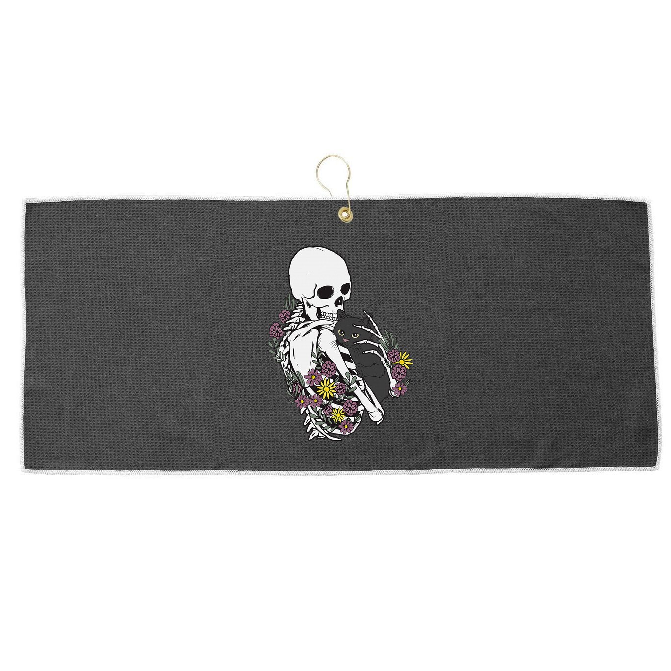 Skeleton Hugging Cat Flowers Skeleton Black Cat Large Microfiber Waffle Golf Towel