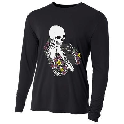Skeleton Hugging Cat Flowers Skeleton Black Cat Cooling Performance Long Sleeve Crew
