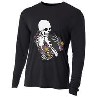 Skeleton Hugging Cat Flowers Skeleton Black Cat Cooling Performance Long Sleeve Crew