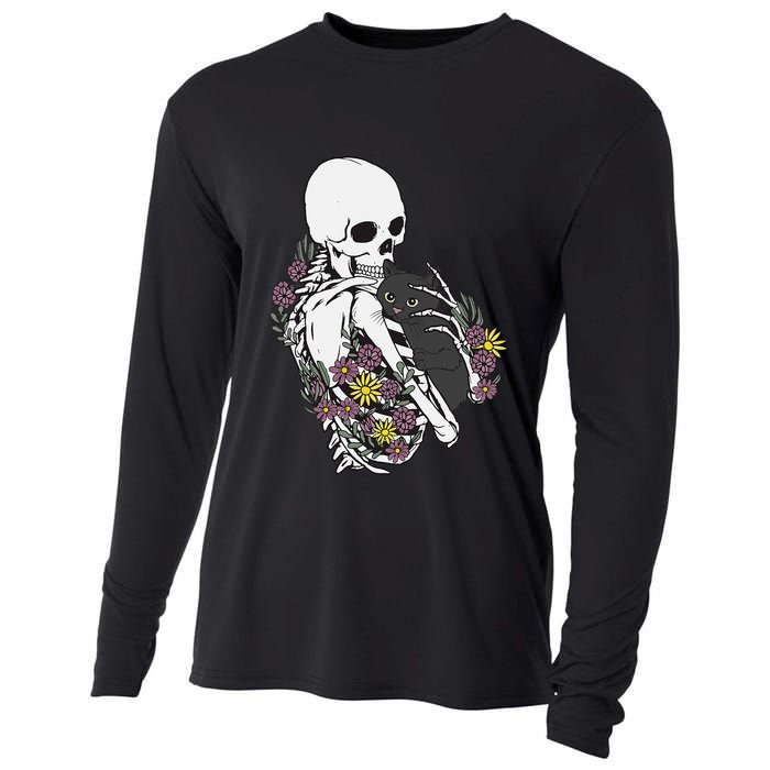 Skeleton Hugging Cat Flowers Skeleton Black Cat Cooling Performance Long Sleeve Crew