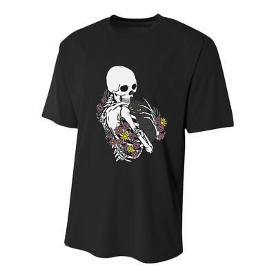 Skeleton Hugging Cat Flowers Skeleton Black Cat Youth Performance Sprint T-Shirt