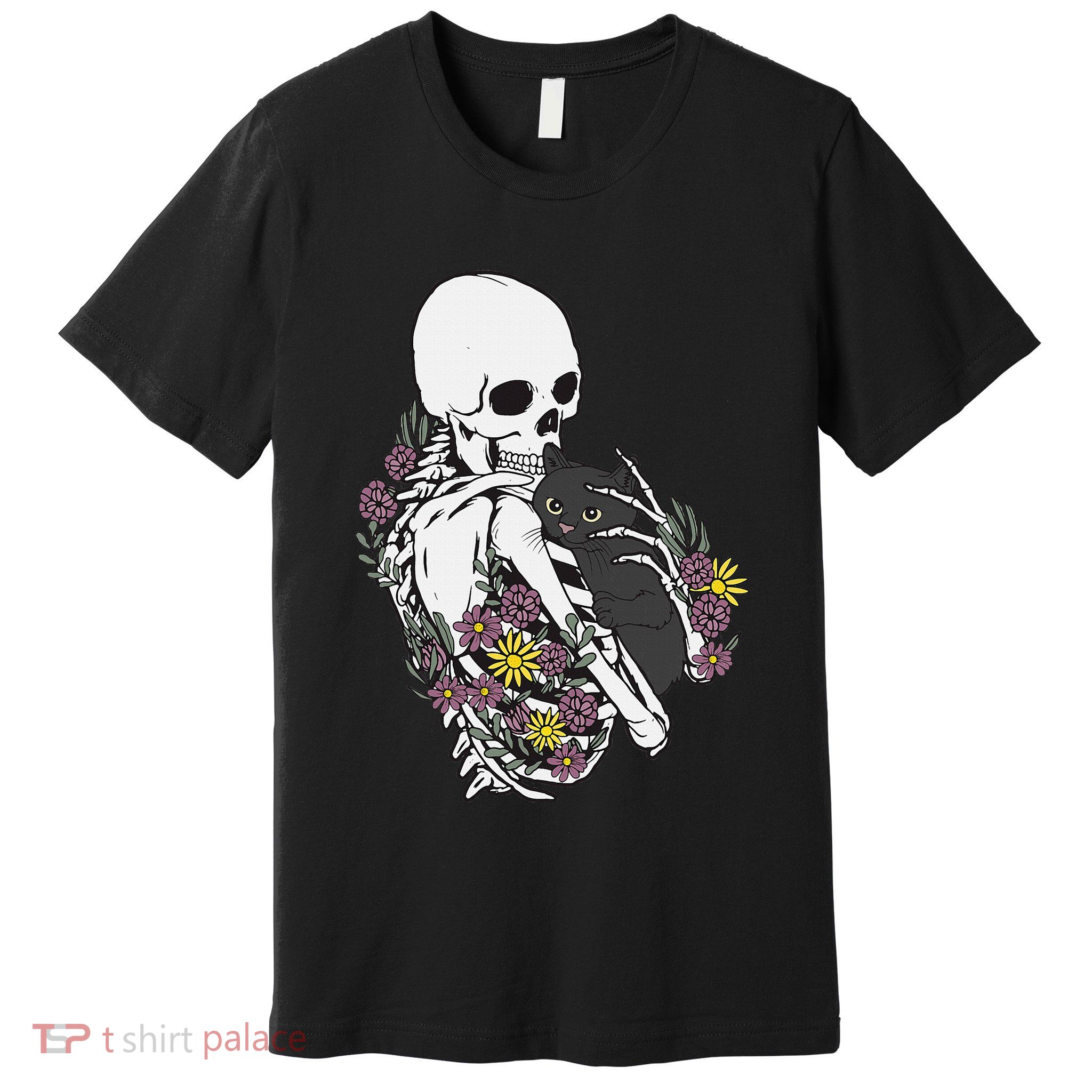 Skeleton Hugging Cat Flowers Skeleton Black Cat Premium T-Shirt