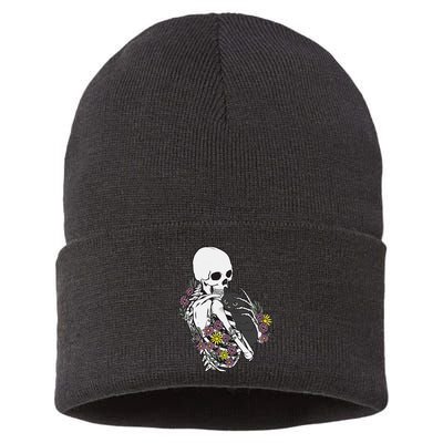 Skeleton Hugging Cat Flowers Skeleton Black Cat Sustainable Knit Beanie