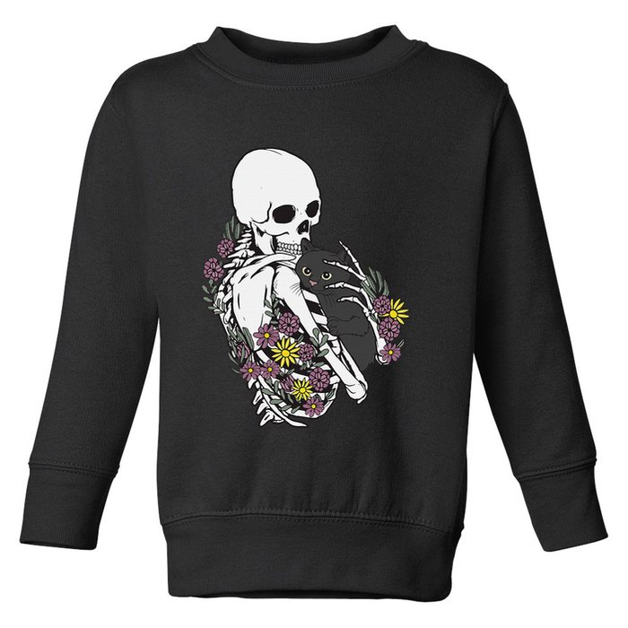 Skeleton Hugging Cat Flowers Skeleton Black Cat Toddler Sweatshirt
