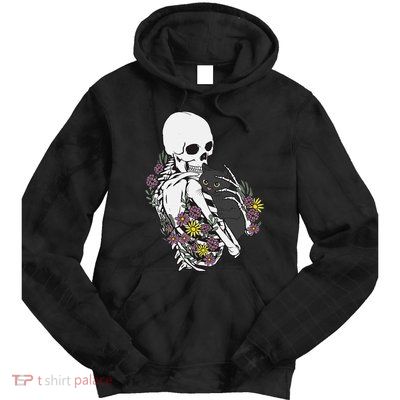 Skeleton Hugging Cat Flowers Skeleton Black Cat Tie Dye Hoodie
