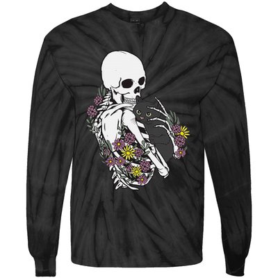 Skeleton Hugging Cat Flowers Skeleton Black Cat Tie-Dye Long Sleeve Shirt