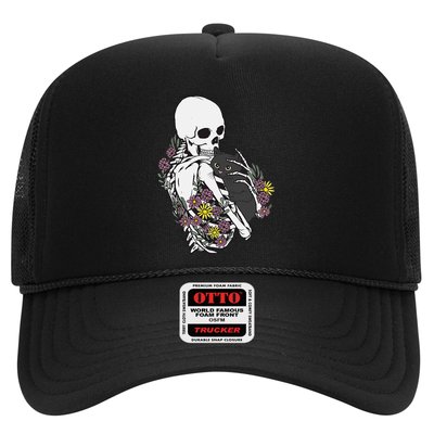 Skeleton Hugging Cat Flowers Skeleton Black Cat Trucker Hat