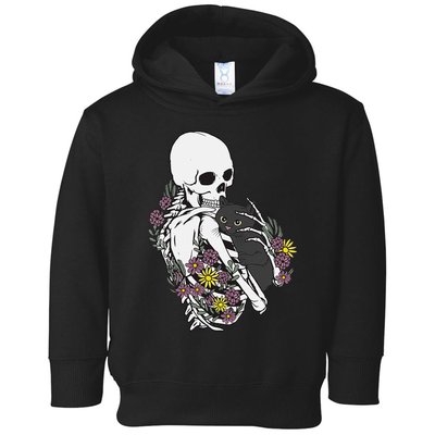 Skeleton Hugging Cat Flowers Skeleton Black Cat Toddler Hoodie