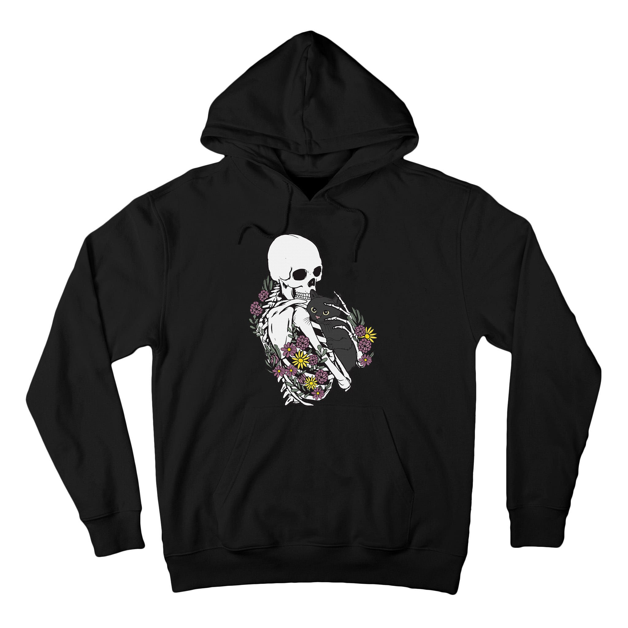 Skeleton Hugging Cat Flowers Skeleton Black Cat Tall Hoodie