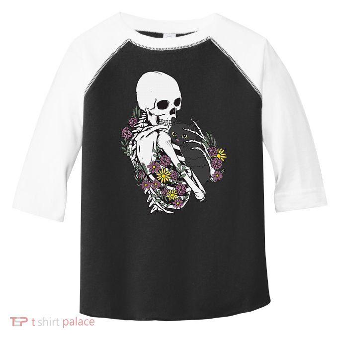 Skeleton Hugging Cat Flowers Skeleton Black Cat Toddler Fine Jersey T-Shirt