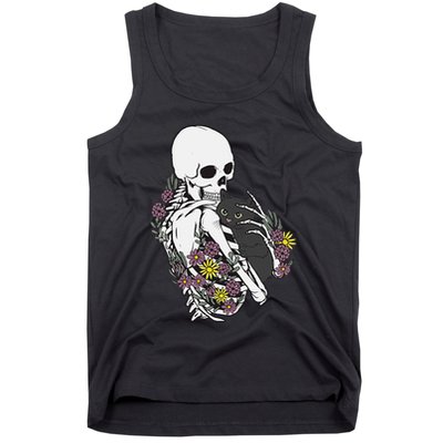 Skeleton Hugging Cat Flowers Skeleton Black Cat Tank Top