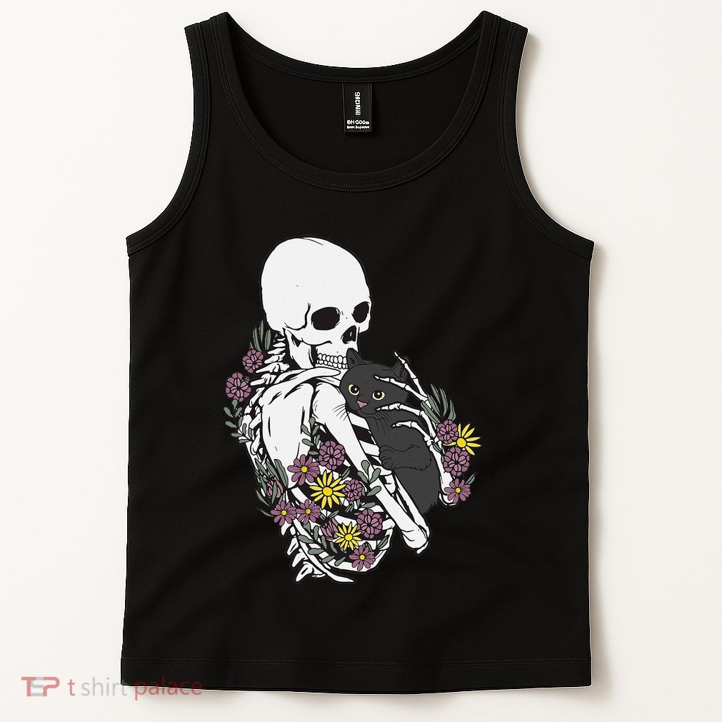 Skeleton Hugging Cat Flowers Skeleton Black Cat Tank Top
