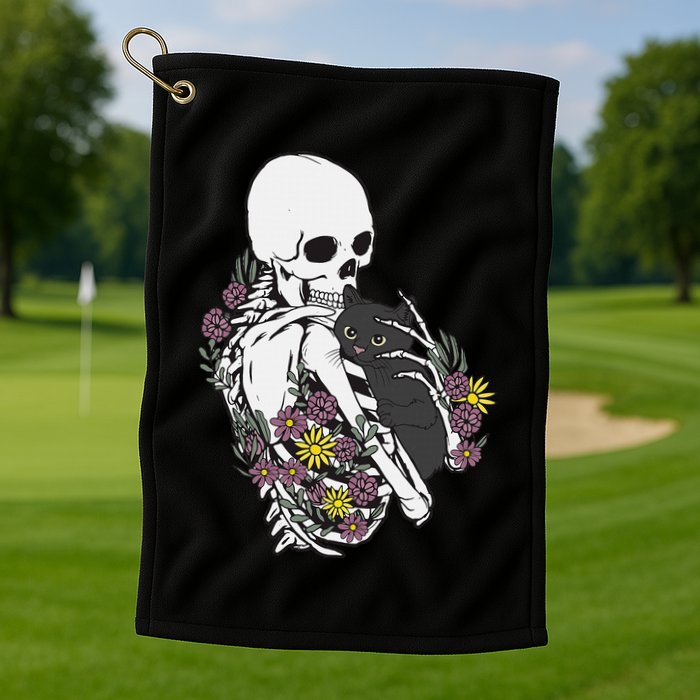 Skeleton Hugging Cat Flowers Skeleton Black Cat Golf Towel