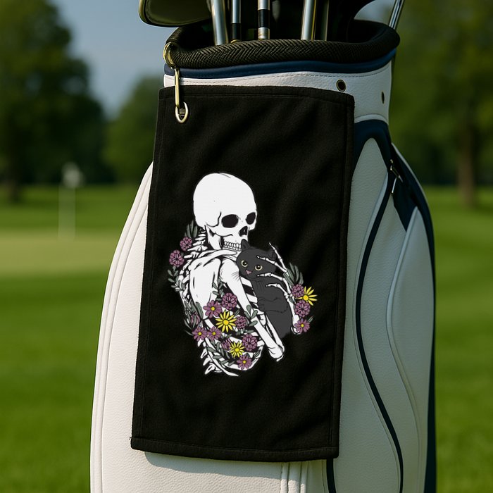Skeleton Hugging Cat Flowers Skeleton Black Cat Golf Towel