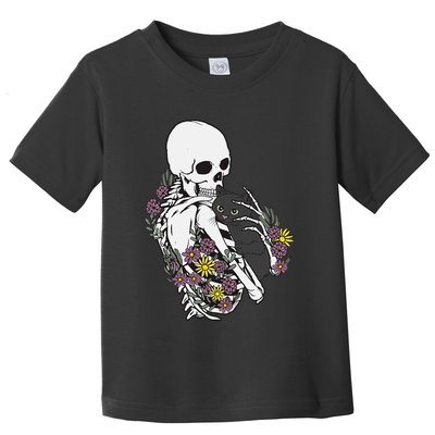 Skeleton Hugging Cat Flowers Skeleton Black Cat Toddler T-Shirt