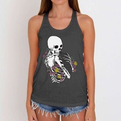 Skeleton Hugging Cat Flowers Skeleton Black Cat Women's Knotted Racerback Tank