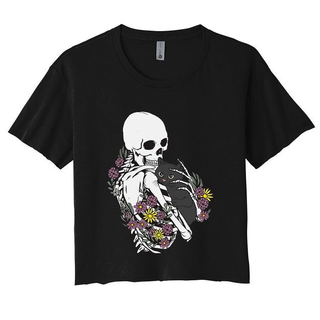 Skeleton Hugging Cat Flowers Skeleton Black Cat Crop Top