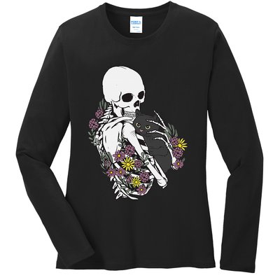 Skeleton Hugging Cat Flowers Skeleton Black Cat Ladies Long Sleeve Shirt
