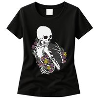 Skeleton Hugging Cat Flowers Skeleton Black Cat Womens T-Shirt
