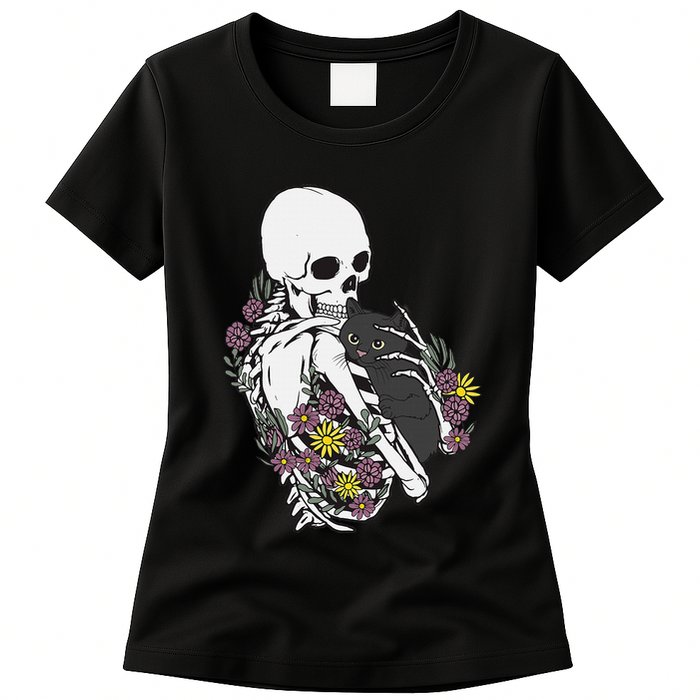 Skeleton Hugging Cat Flowers Skeleton Black Cat Womens T-Shirt