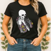 Skeleton Hugging Cat Flowers Skeleton Black Cat Womens T-Shirt