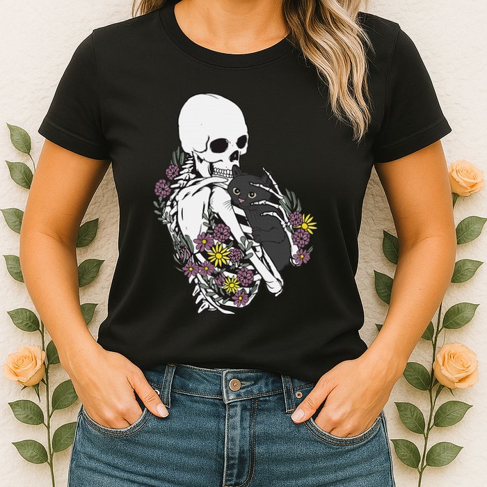 Skeleton Hugging Cat Flowers Skeleton Black Cat Womens T-Shirt