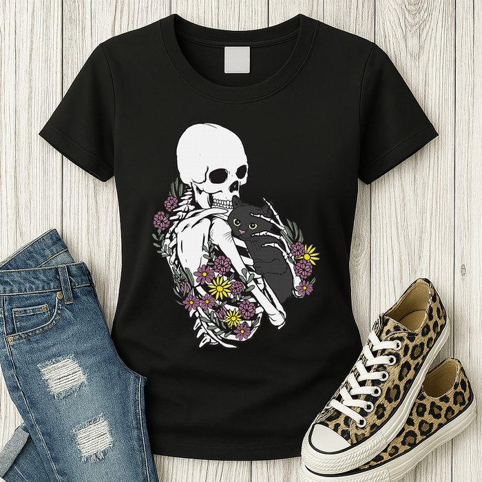 Skeleton Hugging Cat Flowers Skeleton Black Cat Womens T-Shirt