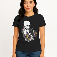 Skeleton Hugging Cat Flowers Skeleton Black Cat Womens T-Shirt