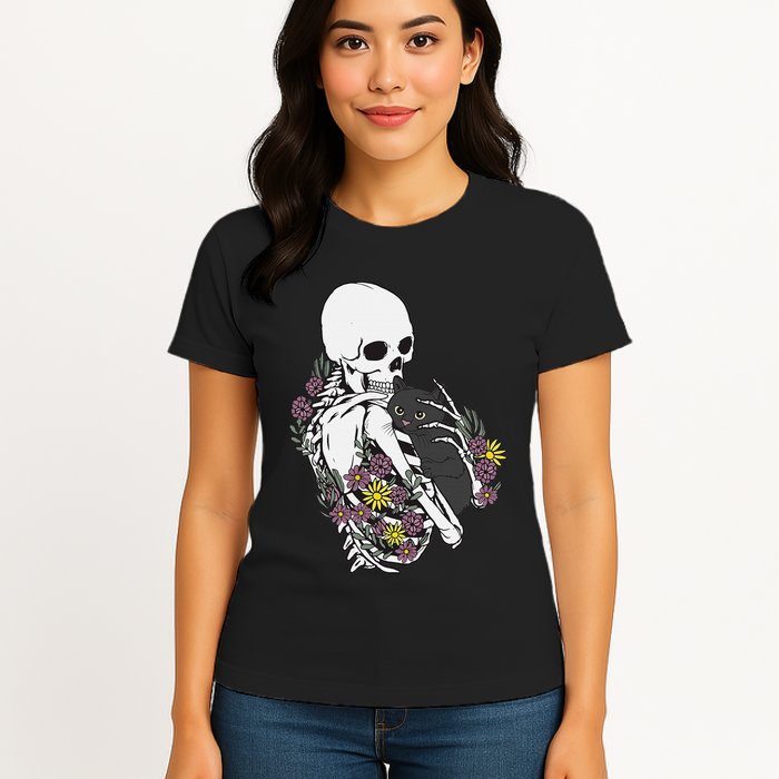 Skeleton Hugging Cat Flowers Skeleton Black Cat Womens T-Shirt