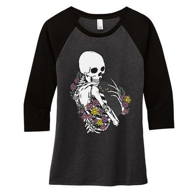 Skeleton Hugging Cat Flowers Skeleton Black Cat Women's Tri-Blend 3/4-Sleeve Raglan Shirt