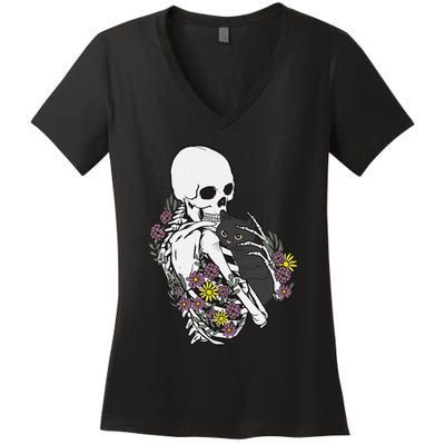 Skeleton Hugging Cat Flowers Skeleton Black Cat Women's V-Neck T-Shirt