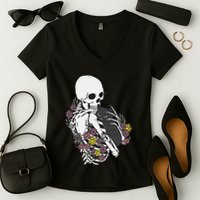 Skeleton Hugging Cat Flowers Skeleton Black Cat Women's V-Neck T-Shirt