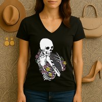 Skeleton Hugging Cat Flowers Skeleton Black Cat Women's V-Neck T-Shirt
