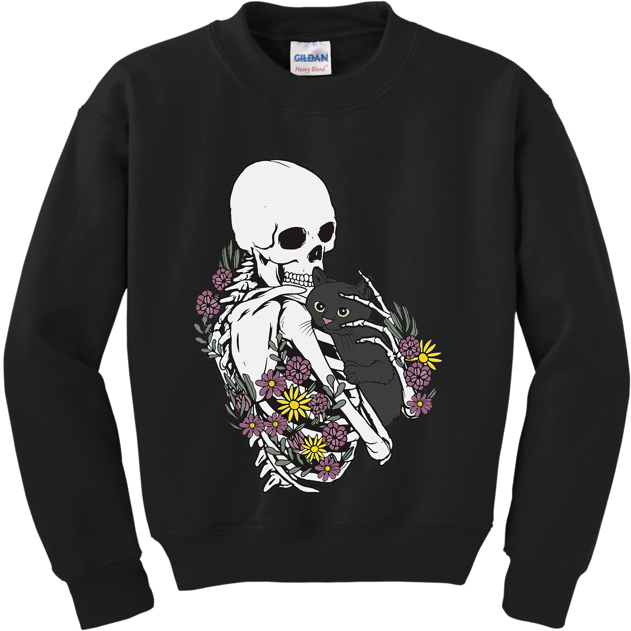 Skeleton Hugging Cat Flowers Skeleton Black Cat Kids Sweatshirt