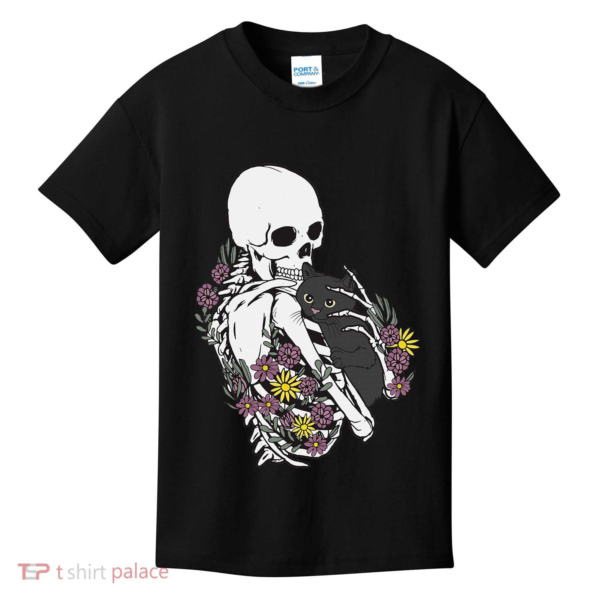 Skeleton Hugging Cat Flowers Skeleton Black Cat Kids T-Shirt