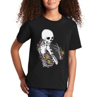 Skeleton Hugging Cat Flowers Skeleton Black Cat Kids T-Shirt