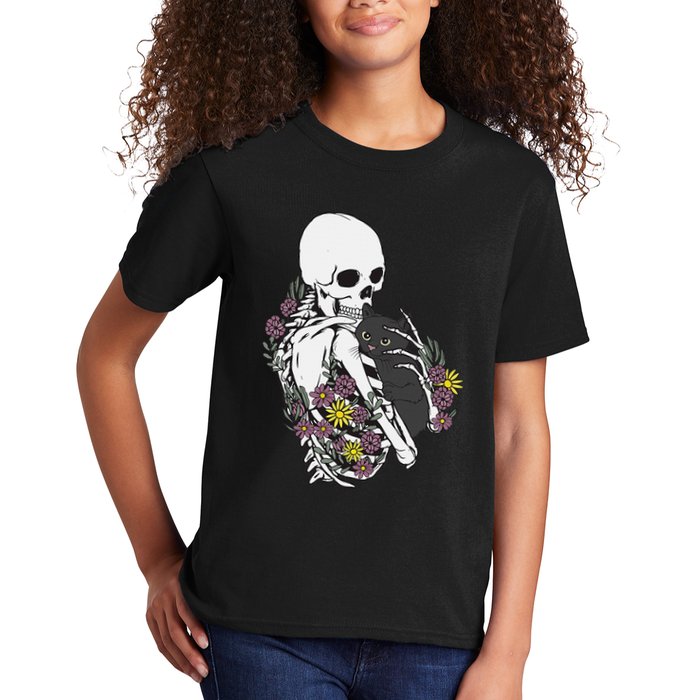 Skeleton Hugging Cat Flowers Skeleton Black Cat Kids T-Shirt