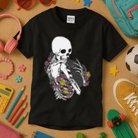 Skeleton Hugging Cat Flowers Skeleton Black Cat Kids T-Shirt