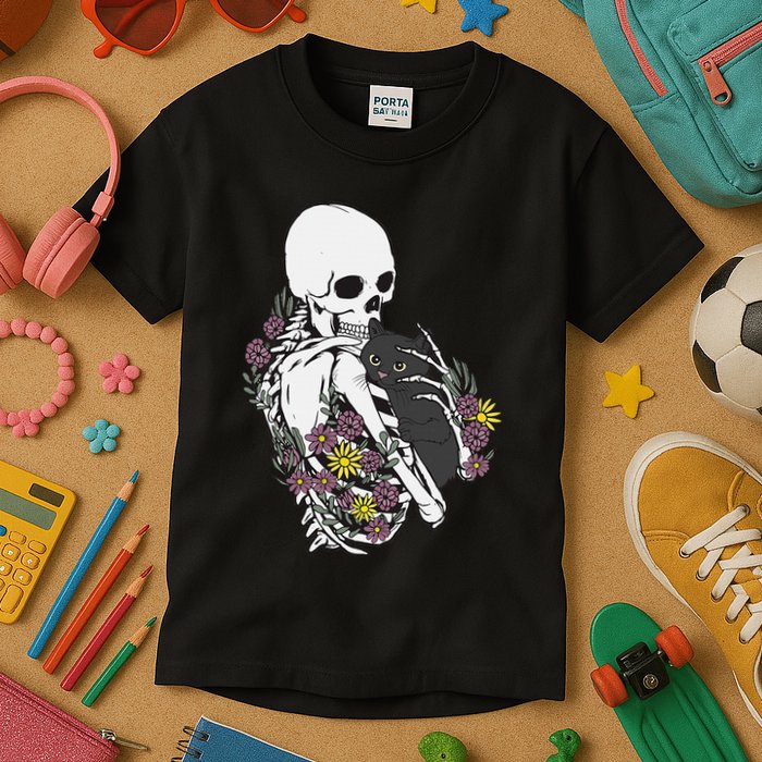Skeleton Hugging Cat Flowers Skeleton Black Cat Kids T-Shirt