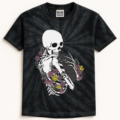 Skeleton Hugging Cat Flowers Skeleton Black Cat Kids Tie-Dye T-Shirt
