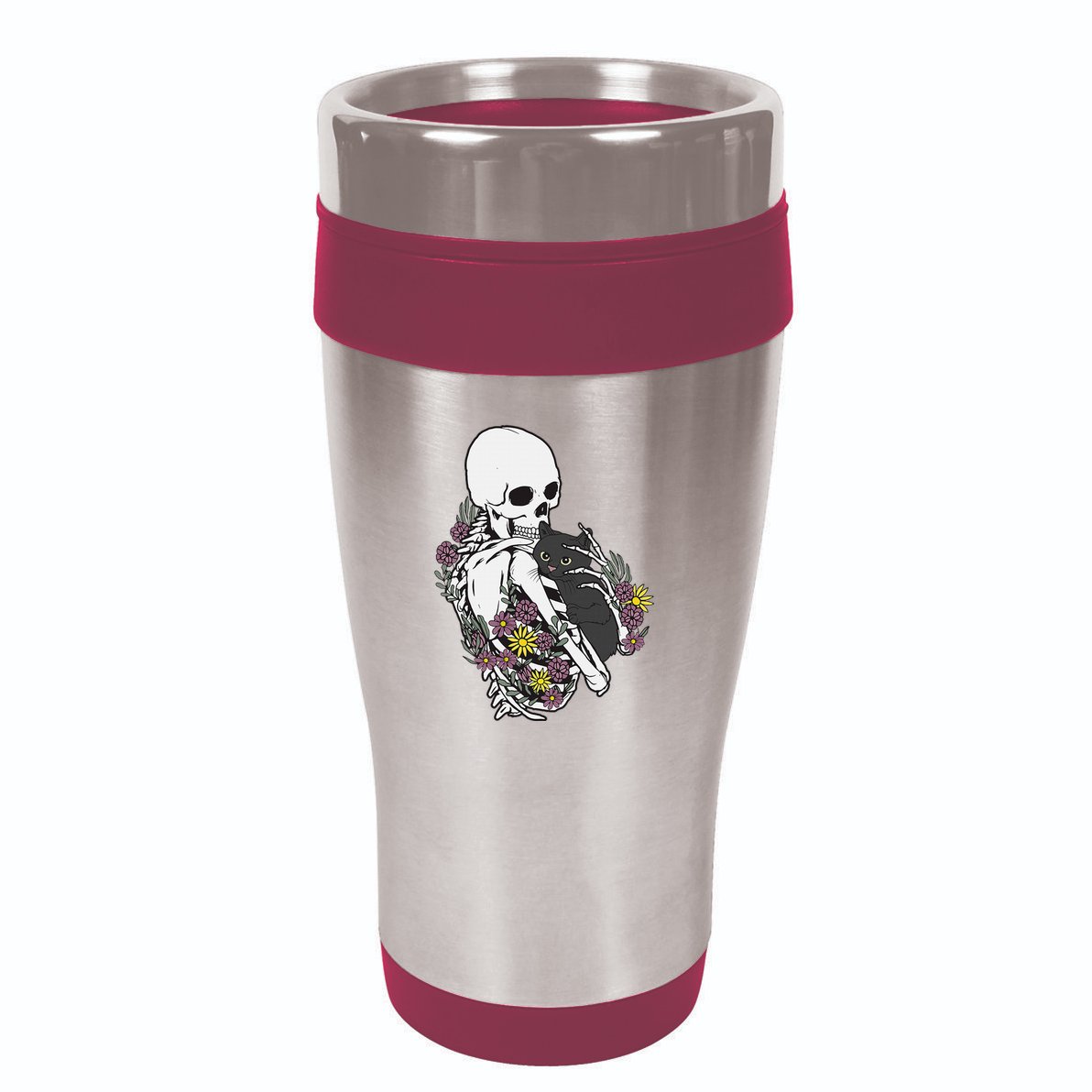 Skeleton Hugging Cat Flowers Skeleton Black Cat 16oz Travel Tumbler
