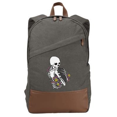 Skeleton Hugging Cat Flowers Skeleton Black Cat Cotton Canvas Backpack